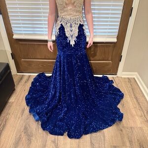 Stunning Blue Sequin Gown with Lace Detail